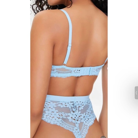 NEW Forever 21 Sky Blue Sheer Lace Lingerie Bodysuit Thong - Picture 3 of 9